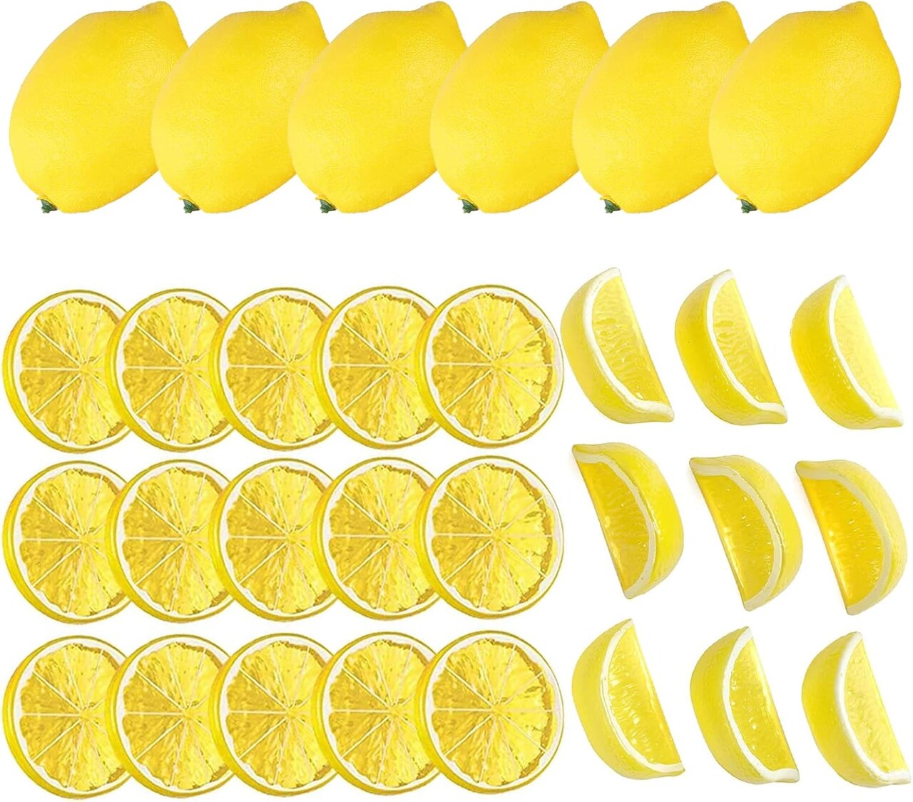 30 PCS Fake Lemons - 3 Sizes of Artificial Simulation Lemons, Realistic Lifelike Faux Lemons Slices Blocks for Tiered Tray Kitchen Table Fake Fruit Birthday Wedding Party Decoration